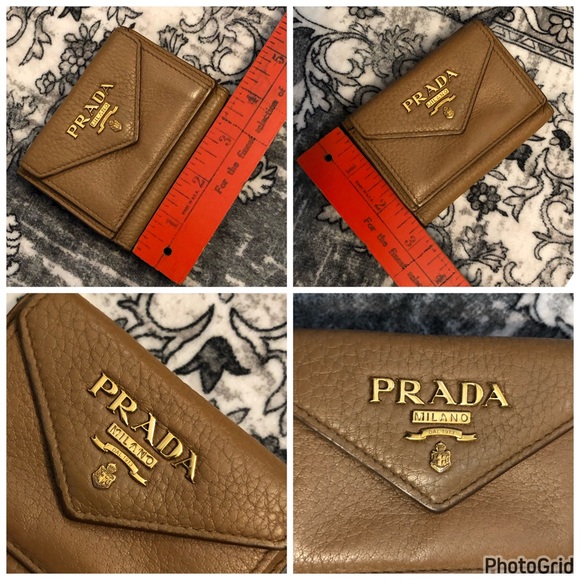 Prada AUTHENTIC Tan Leather Orange Interior Trifold Gold Logo Compact Wallet - Picture 4 of 16